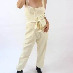 Wholesale 🥰 Fore 👩 women Easy Go Button Front Straight Leg Belted Jumpsuit in Cream 😍