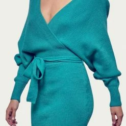 Best Pirce 🤩 Fore 👩 women Wrap-Effect Ribbed-Knit Mini 👗 Dress in Jade 😉