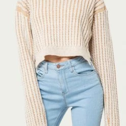 Discount 🥰 Fore 👩 women Cropped Cable-Knit Striped Sweater in Light Brown 👍