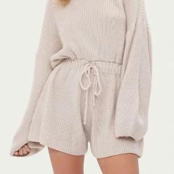 Best Pirce 😍 Fore 👩 women Drawstring-Waist Ribbed-Knit Romper in Beige 👏