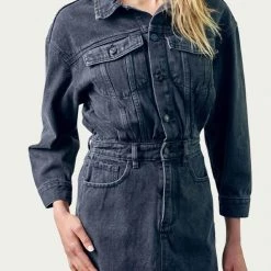 Promo 🔥 Fore 👩 women Denim Raw-Edge Mini 👗 Dress in Washed Black 👏