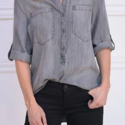 Best Sale 😉 Velvet Heart 👩 women Ava 3/4 Button Up Blouse in Grey ⭐