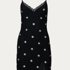 Best Pirce 🥰 Fore 👩 women Floral-Embroidered Stretch-Mesh Mini 👗 Dress in Black 👏