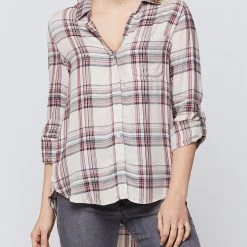Top 10 😉 Velvet Heart 👩 women High Low Button Down 👚 Shirt in Ivory Plaid 🔔