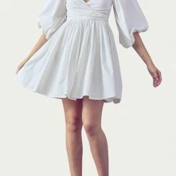 Buy 🔥 Fore 👩 women Shirred Wrap-Effect Cotton Mini 👗 Dress in White ❤️